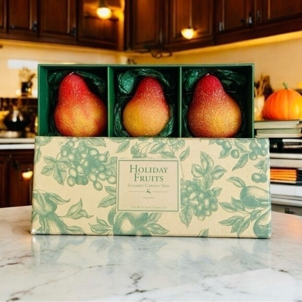 White Barn Holiday Fruits Sugared Pear Candles Set of 3 Fall Decor 5.5" NIB